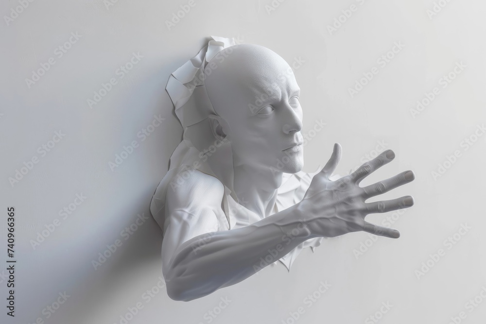 Human sculpture coming out of a wall, concept of facing obstacles in life