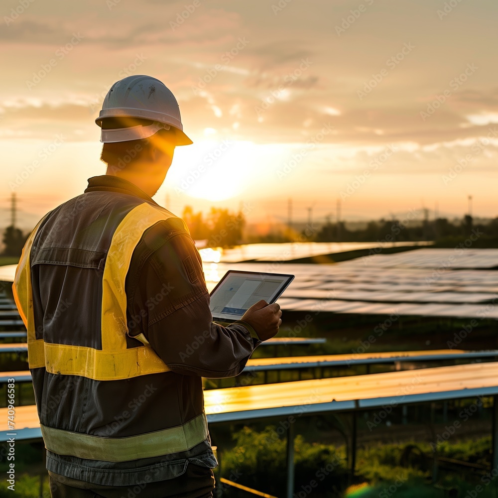  a solar technician from behind, looking over a field of solar panels while holding a tablet - obrazy, fototapety, plakaty 