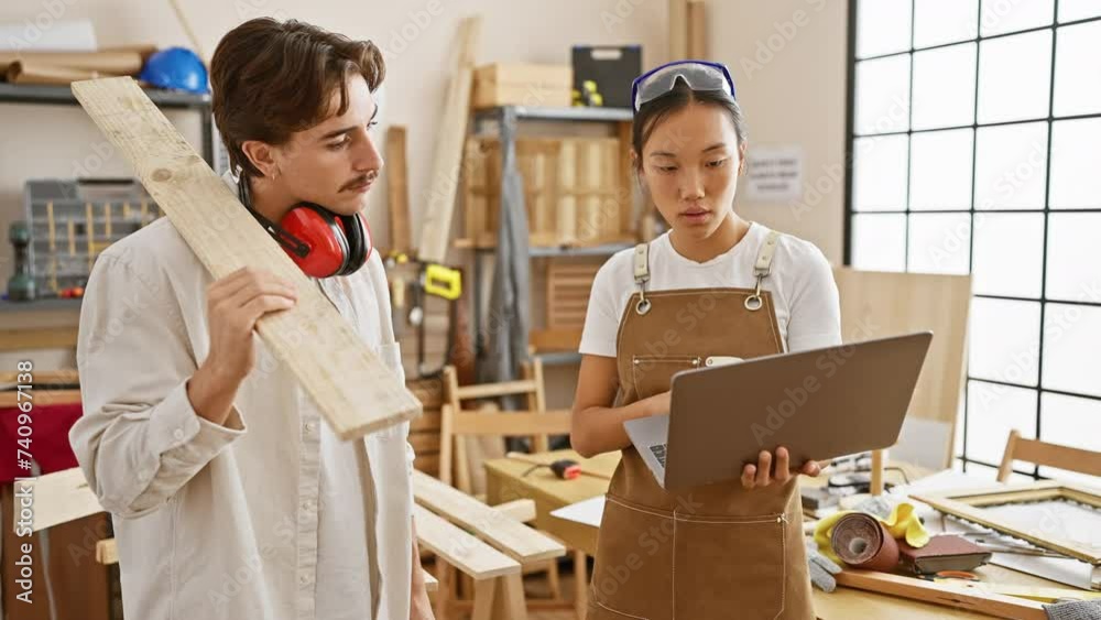 A male and female carpenter consult a laptop in a well-equipped workshop, indicating teamwork and technology in craft. A male and female carpenter consult a laptop in a well-equipped workshop, indicating teamwork and technology in craft.