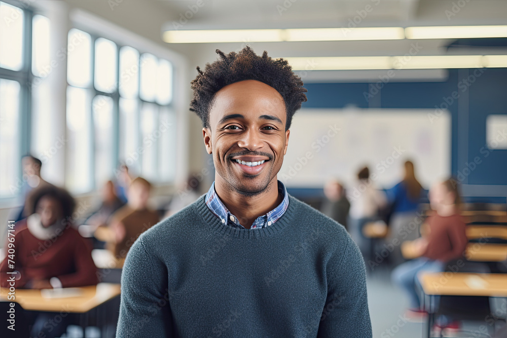 Portrait of smiling African American male student standing in classroom Portrait of smiling African American male student standing in classroom