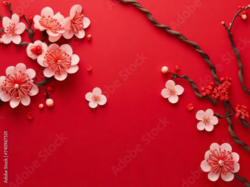 Chinese new year decorations with sakura flowers on red background  image  © Hamid