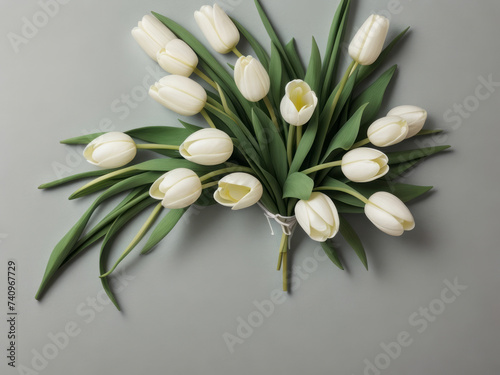 Beautiful white tulips in craft paper on green pastel background with copy space  spring time  mother s day
