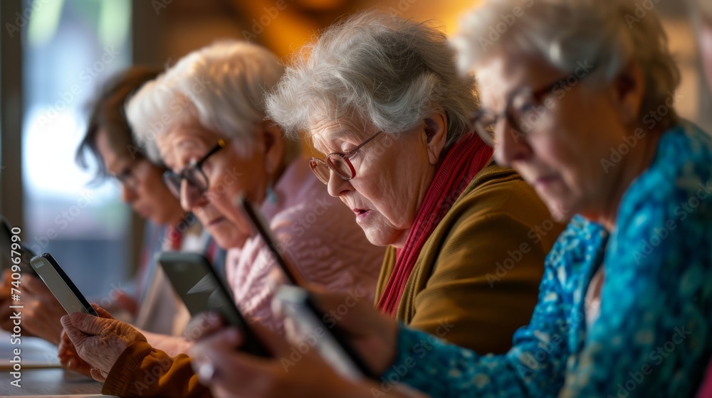 a group of european seniors at a tech workshop, their faces focused and curious, as they navigate tablets and smartphones
a group of european seniors at a tech workshop, their faces focused and curious, as they navigate tablets and smartphones