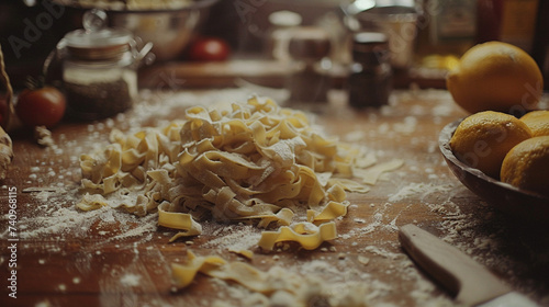Preparing homemade pasta with onions in a kitchen