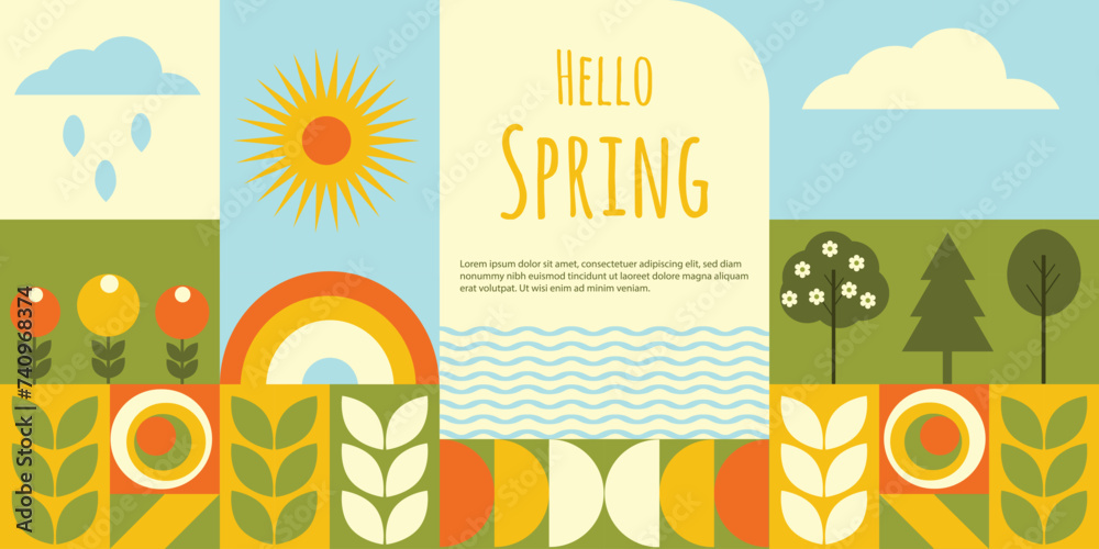 Hello Spring. Geometric mosaic. The concept of nature in simple forms. Suitable for cover, banner, postcard. Trending style.