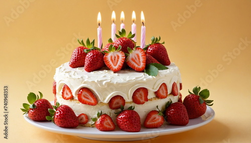 A strawberry cream cake with light candles, ready for a celebration. A delicious treat.