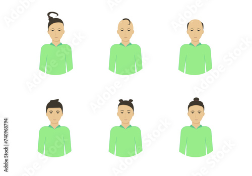 Avatars. six avatars, different haircuts, age, nationality,
green sweaters.