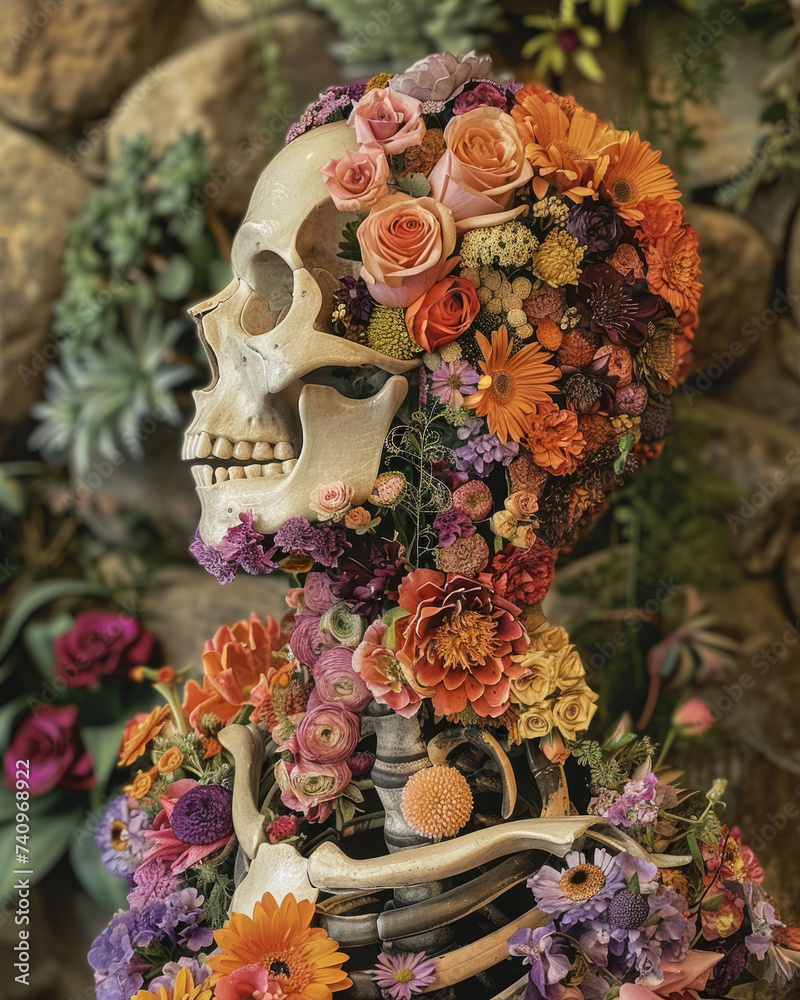 Spring morbid creative concept, human body bones skeleton covered with fresh spring flowers