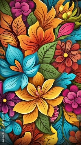 Vibrant Tropical Flower and Foliage Illustration  