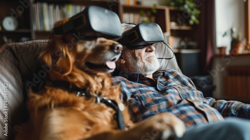 Elderly gentleman and his golden retriever wearing VR gear  enjoying a cozy tech experience.