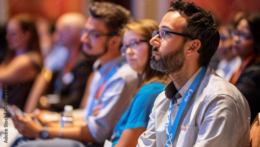 Obraz premium Industry professionals engaging in discussions about emerging trends in electronics at an Electronics Conference