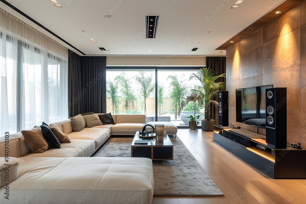 Modern living room with stereo speakers - obrazy, fototapety, plakaty 