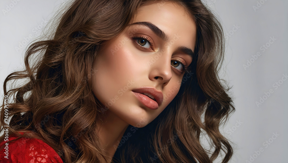 Close up portrait of a beautiful woman with glowing face. Beauty product commercial photo, glamorous portrait, Generative AI Close up portrait of a beautiful woman with glowing face. Beauty product commercial photo, glamorous portrait, Generative AI