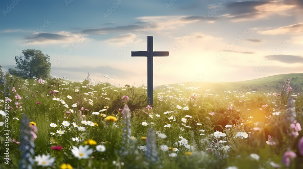A miniature scene depicting the Resurrection with a cross on a mossy hill