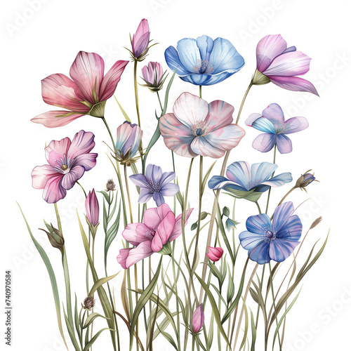 Bouquet of spring wildflowers in blue indigo violet magenta purple pink on white plain background in hand drawn watercolor style