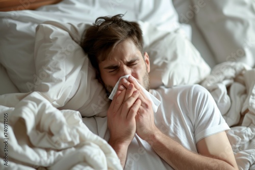 Man Sneezing Under a Blanket in Bed