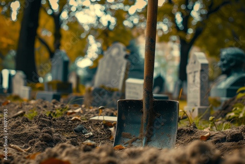 A Shovel Resting Beside a Grave