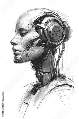 Detailed cybernetic robot head in a sketched style