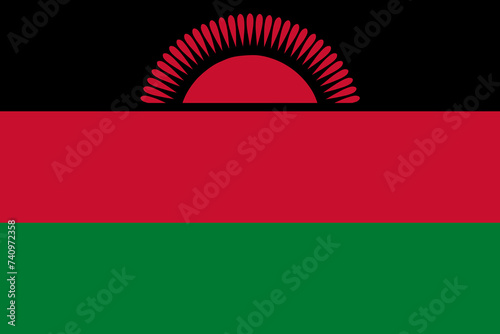 Close-up of black, red and green national flag of African country of Malawi with red sun. Illustration made February 20th, 2024, Zurich, Switzerland.