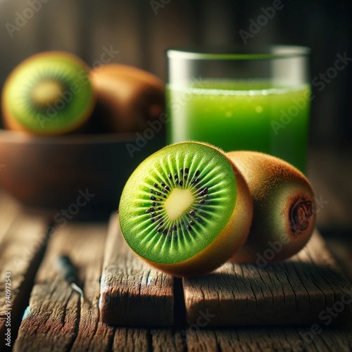 Kiwi fruit and kiwi juice on a rustic wooden table