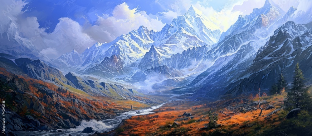 An art piece depicting a natural landscape with a mountain range, river, and cumulus clouds in the sky. The horizon fades into rolling hills in the distance