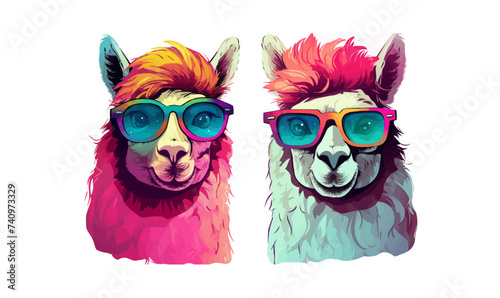 Alpacas wearing sunglasses on a white background, colorful clipart vector illustration
