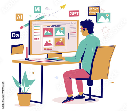 Graphic designer using AI technology for work vector illustration