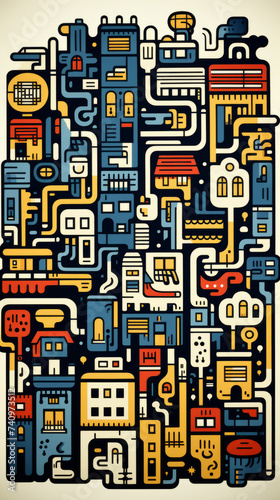 Abstract Urban Maze Illustration with Colorful Buildings