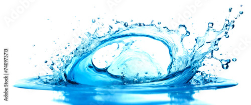 Splashes and drops of blue water isolated on a white background. Panorama.