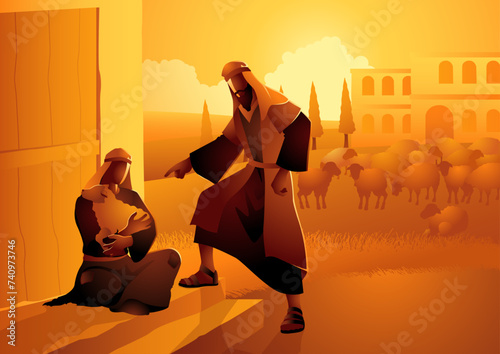 Biblical storytelling inspired by 2 Samuel 12:5. The moment when the prophet Nathan reveals a tale of a rich man and a poor man to King David