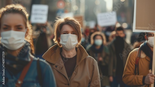 group of people with mask came out with posters to protest The population against coronavirus and against the introduction of quarantine Meeting about coronavirus and people right.