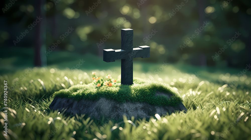A miniature scene depicting the Resurrection with a cross on a mossy hill A miniature scene depicting the Resurrection with a cross on a mossy hill