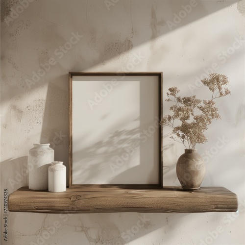 a natural dark wooden shelf carrys an empty horizontal wall frame for mockup