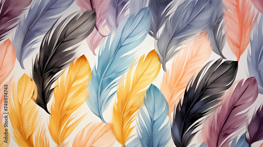Fototapeta premium Vibrant assortment of feathers on white background. Generative AI