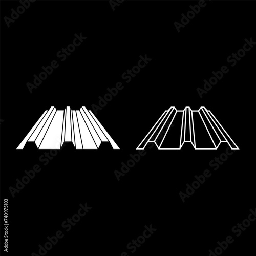 Roof metal rooftop steel profile sheets roofing concept ribbed corrugated metallic panel siding tile set icon white color vector illustration image solid fill outline contour line thin flat style