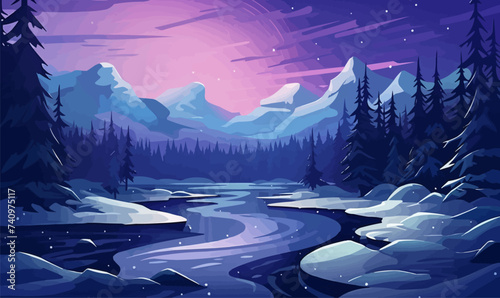snowy landscape with aurora borealis vector simple isolated illustration