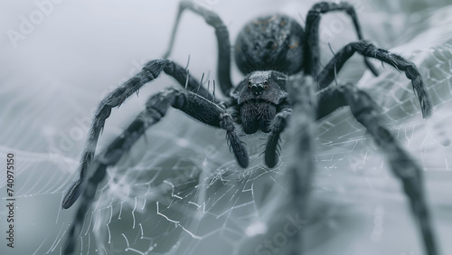 Realistic black spider on a cobweb.