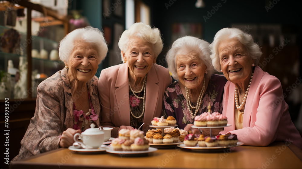 Elderly women enjoying afternoon tea. Generative AI