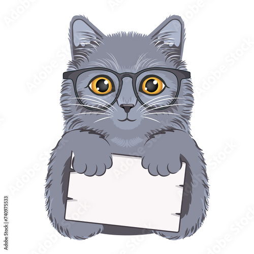 Grey cat with blank sign photo