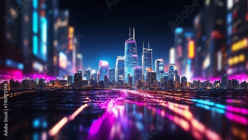 3D Rendering of billboards and advertisement signs at modern buildings in capital city with light reflection from puddles on street. Concept for night life, never sleep business district center (CBD)