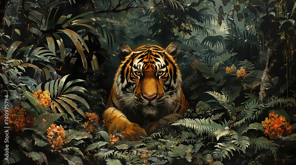 Ilustracja z tygrysem w lesie - obrazy, fototapety, plakaty 