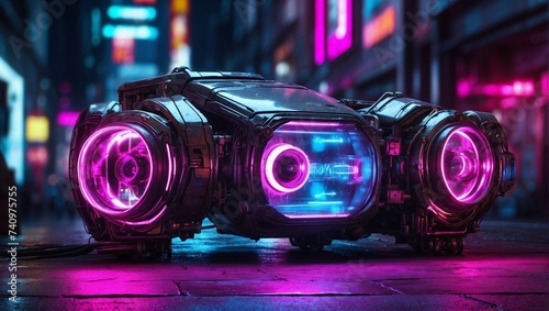 Shiny futuristic sports car on a blurred cyberpunk city street background with bright neon lights. Bokeh effect. Future concept. photo