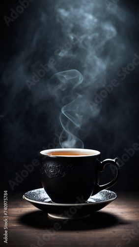 cup of hot coffee in ancient looking antique cup and saucer 