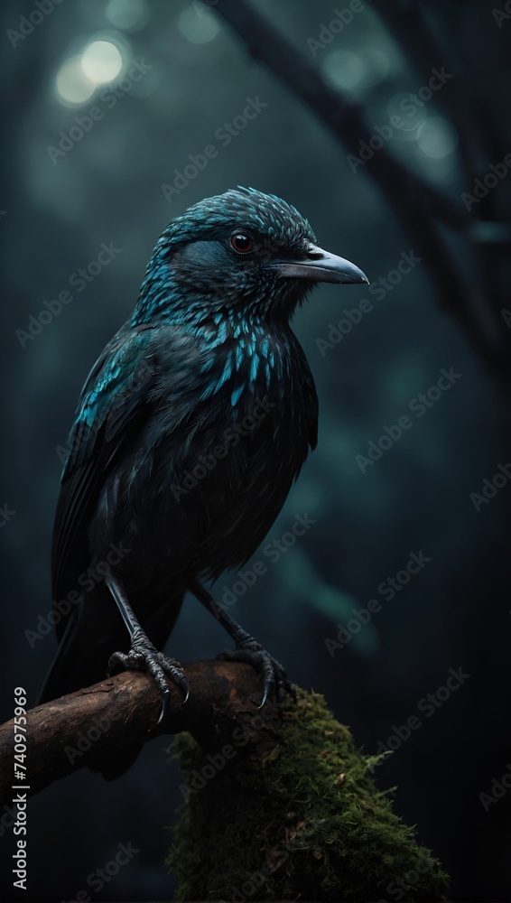 Fototapeta premium Dark blue bird in the dark forest 