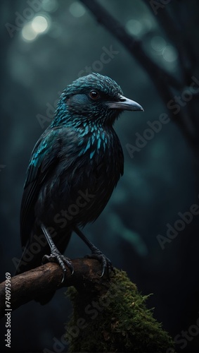 Dark blue bird in the dark forest 