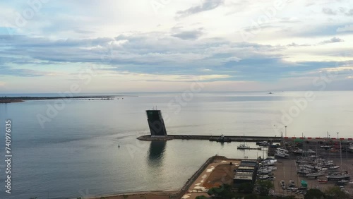 Torre VTS de Lisboa - VTS Vessel Traffic System tower Centre for Coordination and Control of Maritime Traffic and Safety of Lisbon. Aerial view Evening time