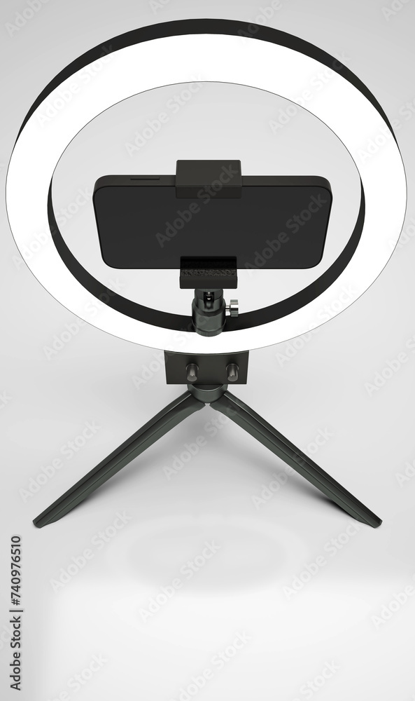 Ring lamp with mobile phone holder for making social videos, mockup for inserting personalized image, isolated, 3d rendering Ring lamp with mobile phone holder for making social videos, mockup for inserting personalized image, isolated, 3d rendering