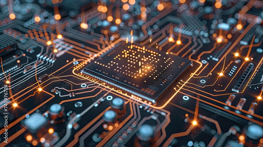 A mesmerizing visual of a circuit board, microchips, and digital lines representing the evolution of AI, neural networking, and cloud computing. A mesmerizing visual of a circuit board, microchips, and digital lines representing the evolution of AI, neural networking, and cloud computing.