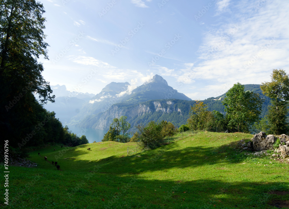 Blick von Morschach auf den Urnersee, Arm des Vierwaldstättersees, die Felsen von Seelisberg, Rütli und Marienhöhe und im Hintergrund den Gipfel des Gitschen