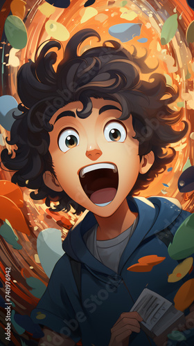 curly haired cartoon boy expressing a mix of emotions including shock, confusion, and disappointment Generative AI